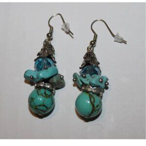 Turquoise Silver Rhinestone Bead Drop Earrings Pierced Ears 2 Inch Stacked